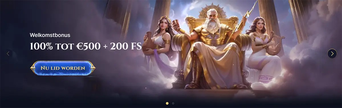 Welkomstbonus 100% tot €500 + 200 FS” with a “Nu lid worden” button, featuring a Zeus-like king on a golden throne between two women, set in a cloudy temple scene with tall columns.
