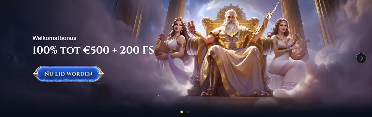 Welkomstbonus 100% tot €500 + 200 FS” with a “Nu lid worden” button, featuring a Zeus-like king on a golden throne between two women, set in a cloudy temple scene with tall columns.