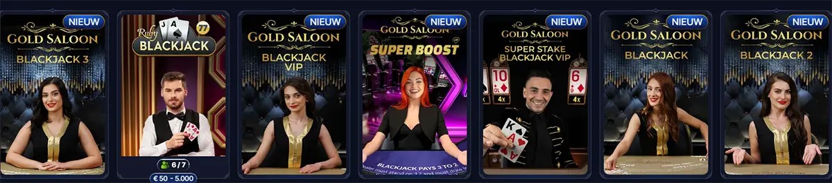 Carousel of live blackjack tables in a casino lobby (Gold Saloon Blackjack 3/VIP, Ruby Blackjack, Super Boost, Super Stake VIP, Gold Saloon Blackjack 2) with dealer thumbnails, “NEW” labels, and bet limits.