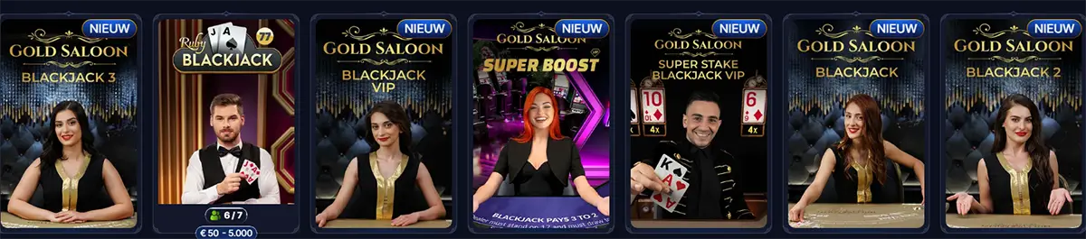 Carousel of live blackjack tables in a casino lobby (Gold Saloon Blackjack 3/VIP, Ruby Blackjack, Super Boost, Super Stake VIP, Gold Saloon Blackjack 2) with dealer thumbnails, “NEW” labels, and bet limits.
