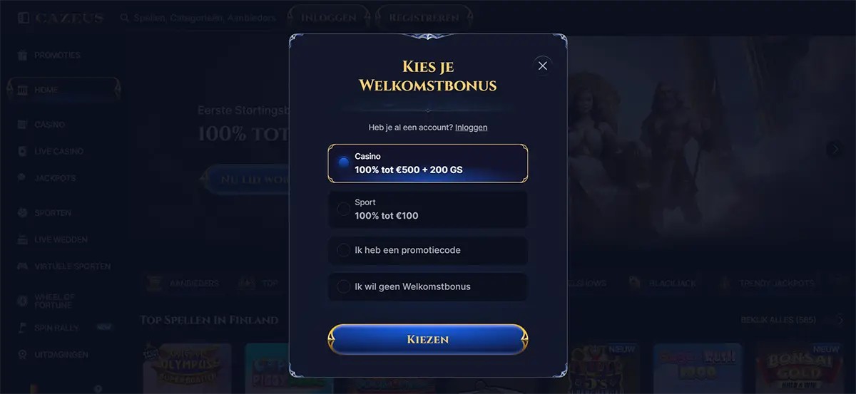 Modal popup (Dutch) titled “Kies je Welkomstbonus” with four selectable options:  Casino — 100% tot €500 + 200 GS (selected)  Sport — 100% tot €100  Ik heb een promotiecode  Ik wil geen Welkomstbonus  Top line: “Heb je al een account? Inloggen”. Bottom CTA button: “Kiezen”. Dark blue/gold framed UI over a dimmed casino lobby background.