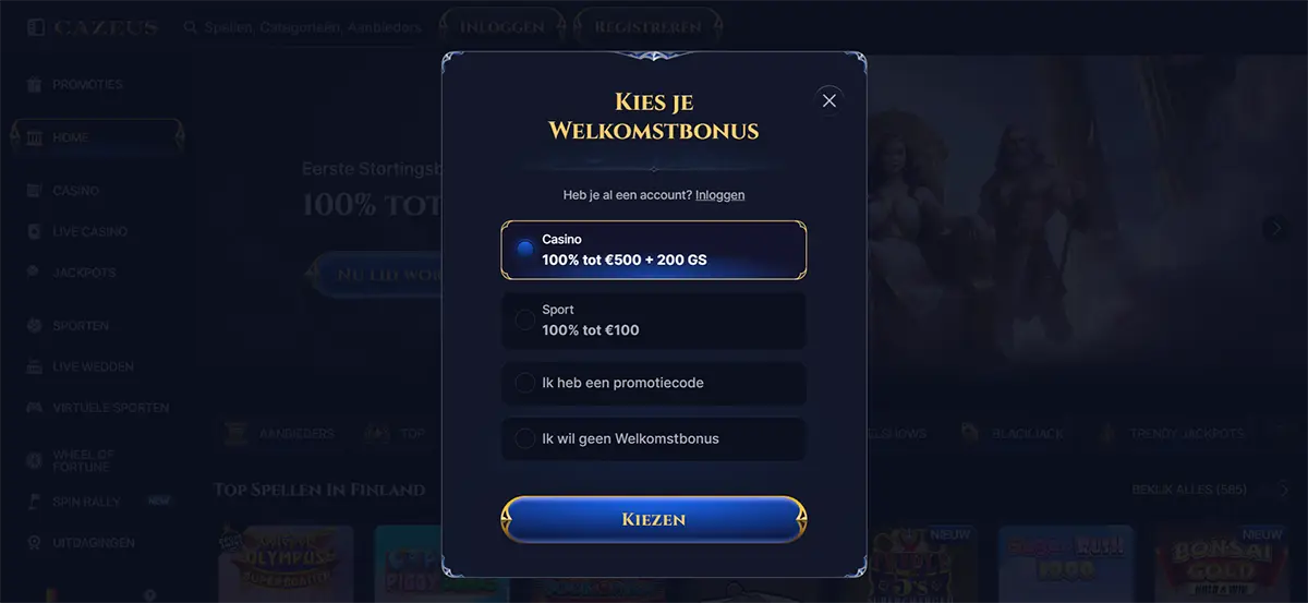 Modal popup (Dutch) titled “Kies je Welkomstbonus” with four selectable options:  Casino — 100% tot €500 + 200 GS (selected)  Sport — 100% tot €100  Ik heb een promotiecode  Ik wil geen Welkomstbonus  Top line: “Heb je al een account? Inloggen”. Bottom CTA button: “Kiezen”. Dark blue/gold framed UI over a dimmed casino lobby background.